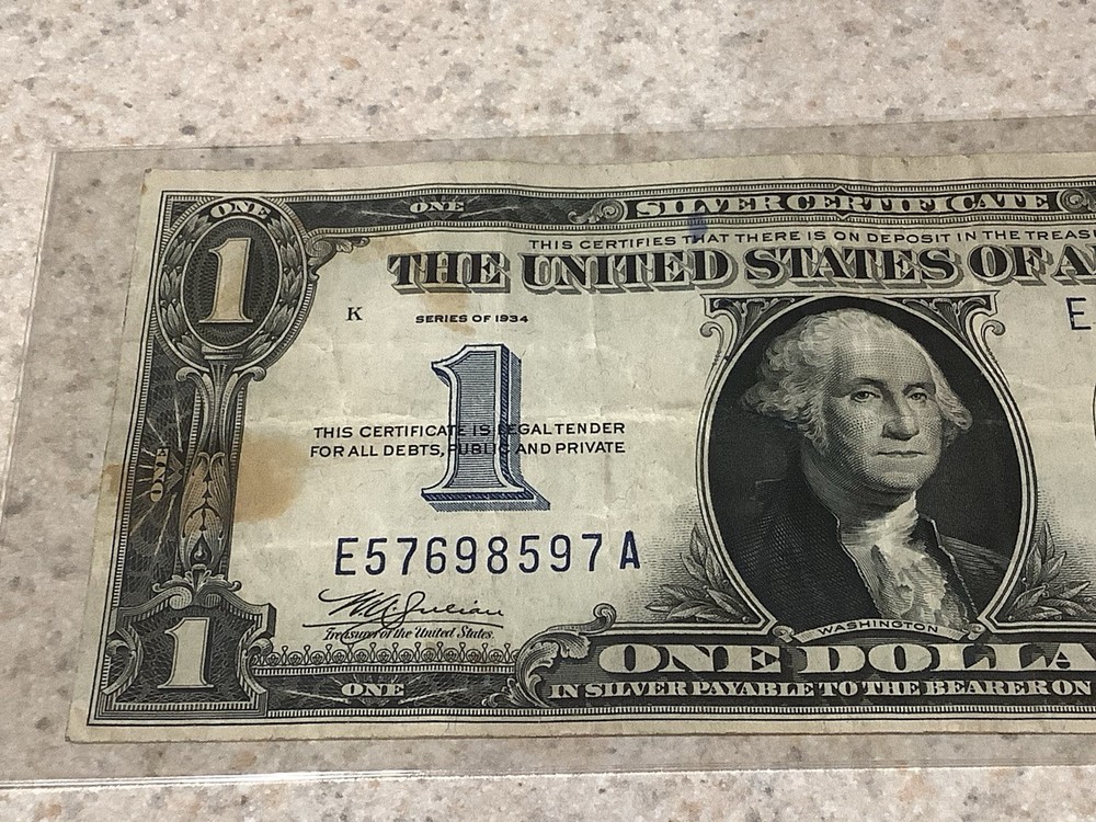 1934 $1 SILVER CERTIFICATE FUNNY BACK ~ MISCUT OFF CENTER ERROR