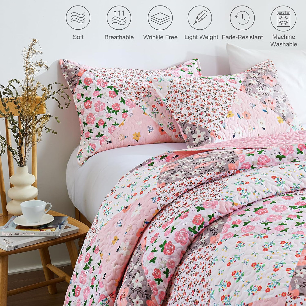 Patchwork Quilt King Size, Extra Soft Boho Floral Bedspreads for Bed Reversible