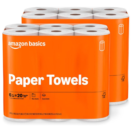 Amazon Basics 2-Ply Flex-Sheets Paper Towels, 12 Basics Rolls = 40 Regular Rolls