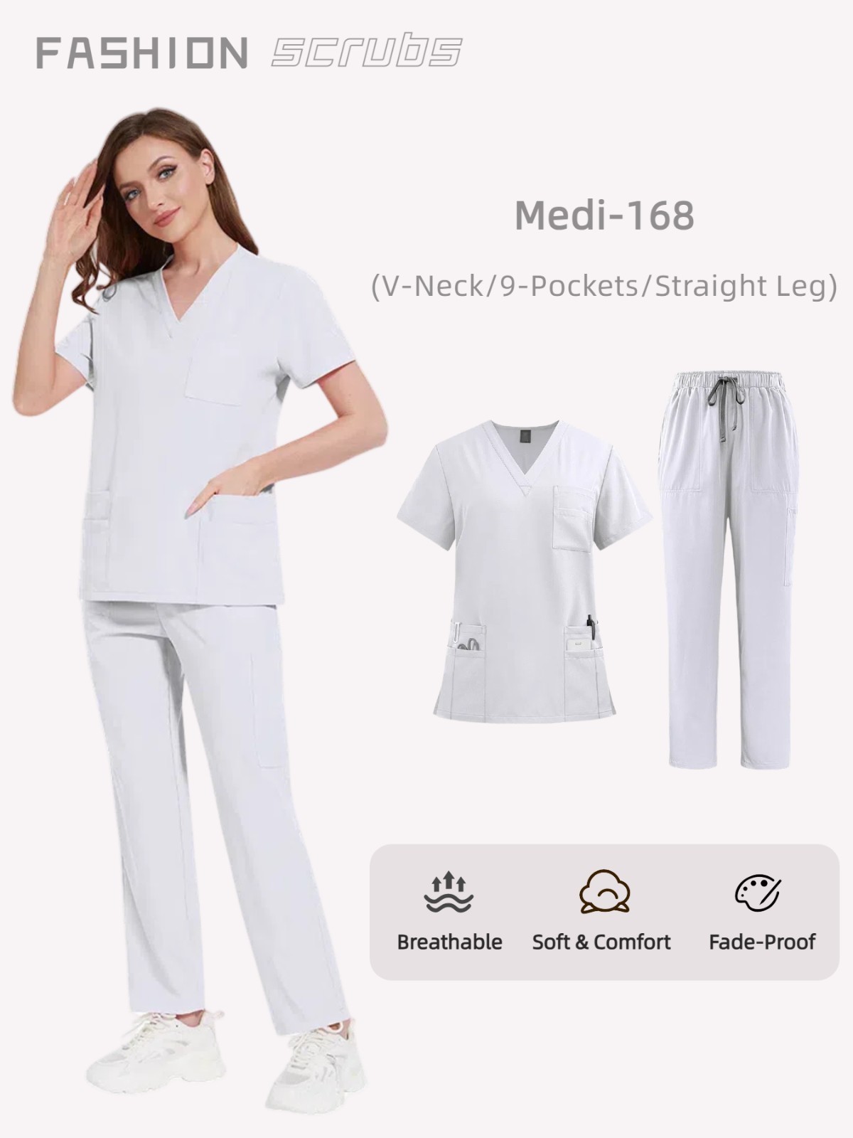 Unisex Scrub Set –VNeck Top & Straight Pants with Pockets Nurse Medical Uniform