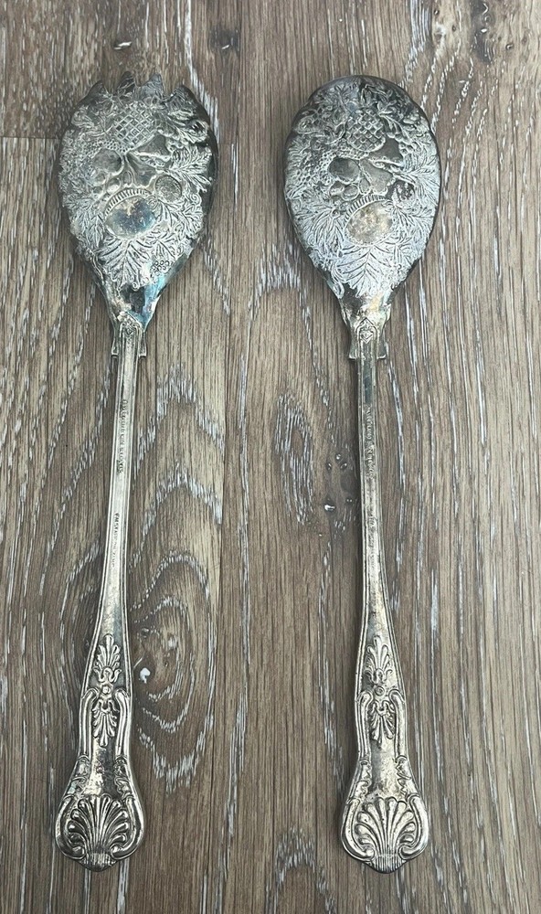 VTG Ornate England Silver Plated Fruit Themed Salad Serving Fork And Spoon Set