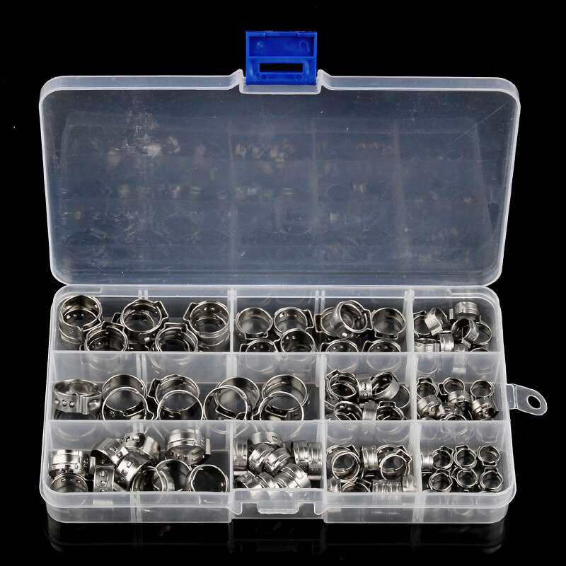 100pcs Hose Clamp Assorted Stainless Steel Ear Cinch Rings Crimp Pinch Set