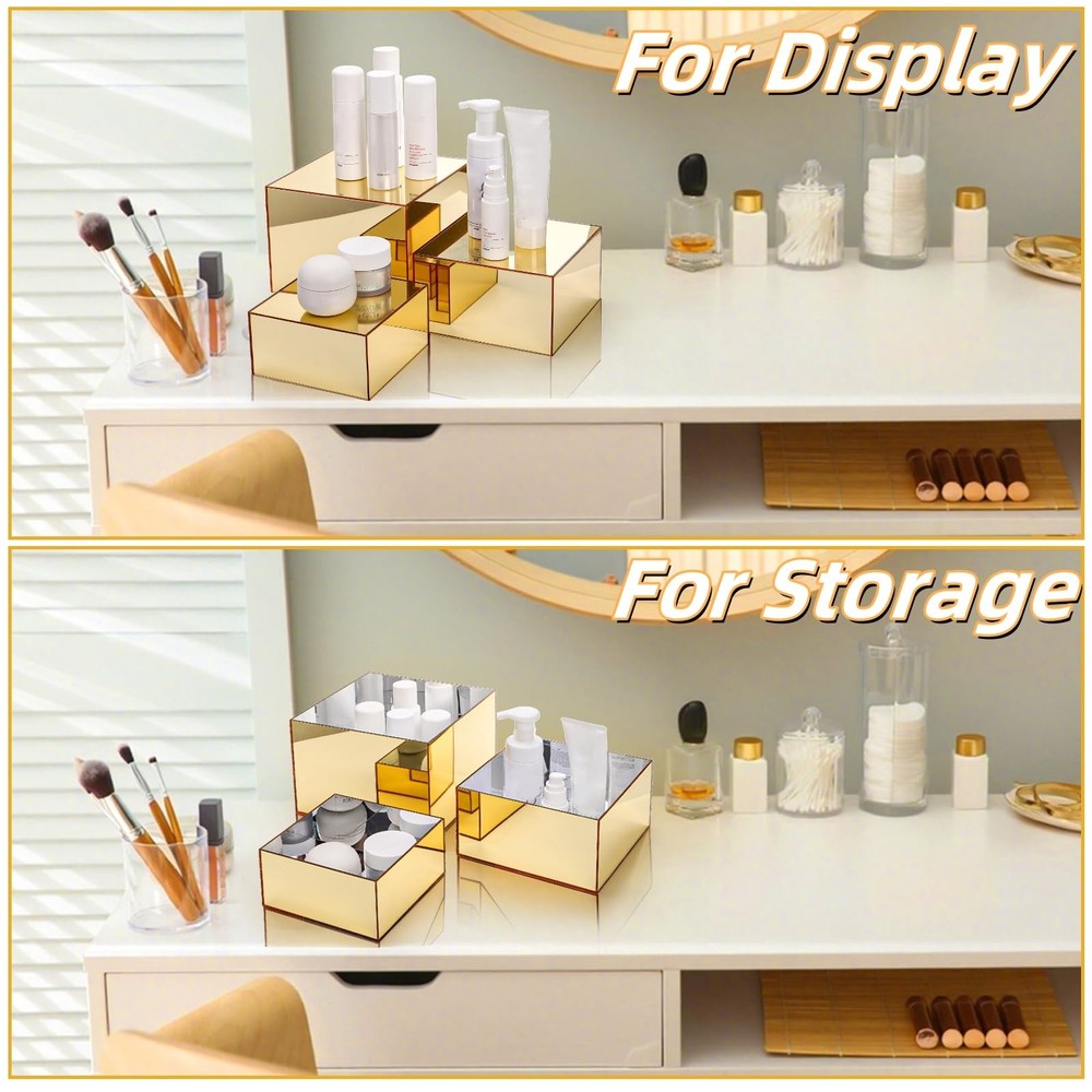 3 Pack Acrylic Risers Display Stands, Gold Buffet Riser Perfume Organizer, Mi...