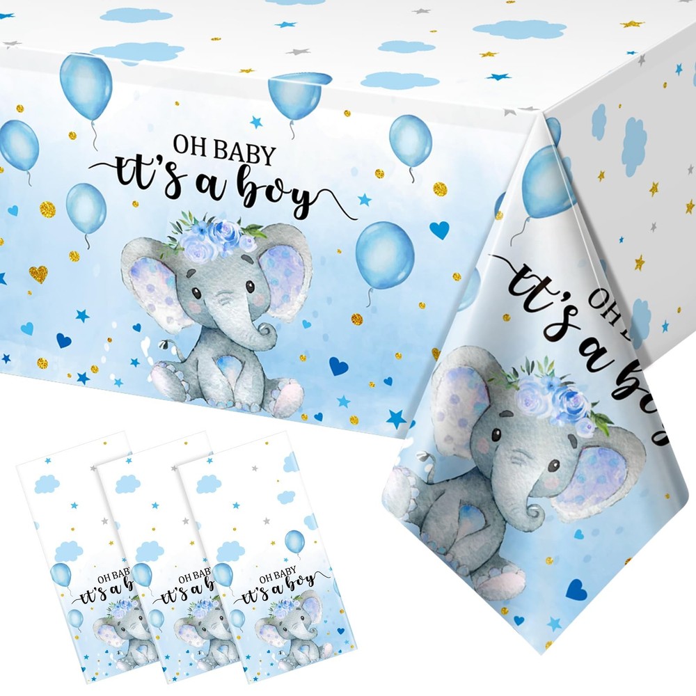 Shower Table Covers, 3PCS Elephant Theme, Plastic 54x108, Blue