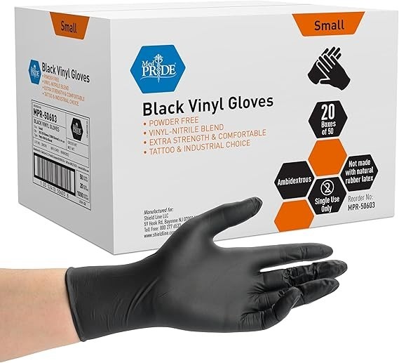 MED PRIDE Black Vinyl Exam Gloves Disposable Powder & Latex-Free Food Safe 100ct