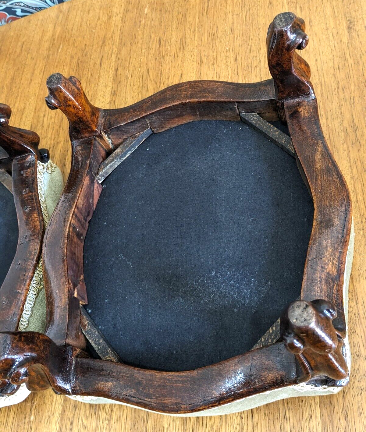 Pair of 19th Century Walnut Wood Cabriole Leg Green Footstools Victorian Antique