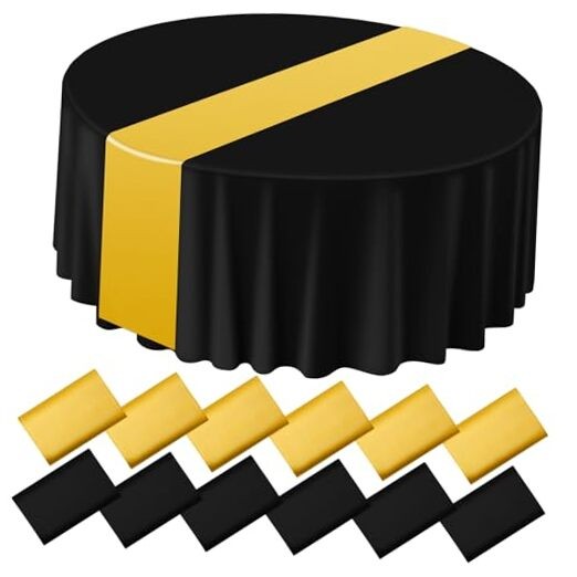 12 Pcs Round Plastic Tablecloth and Satin Table Runner, 84" Plastic Black Gold