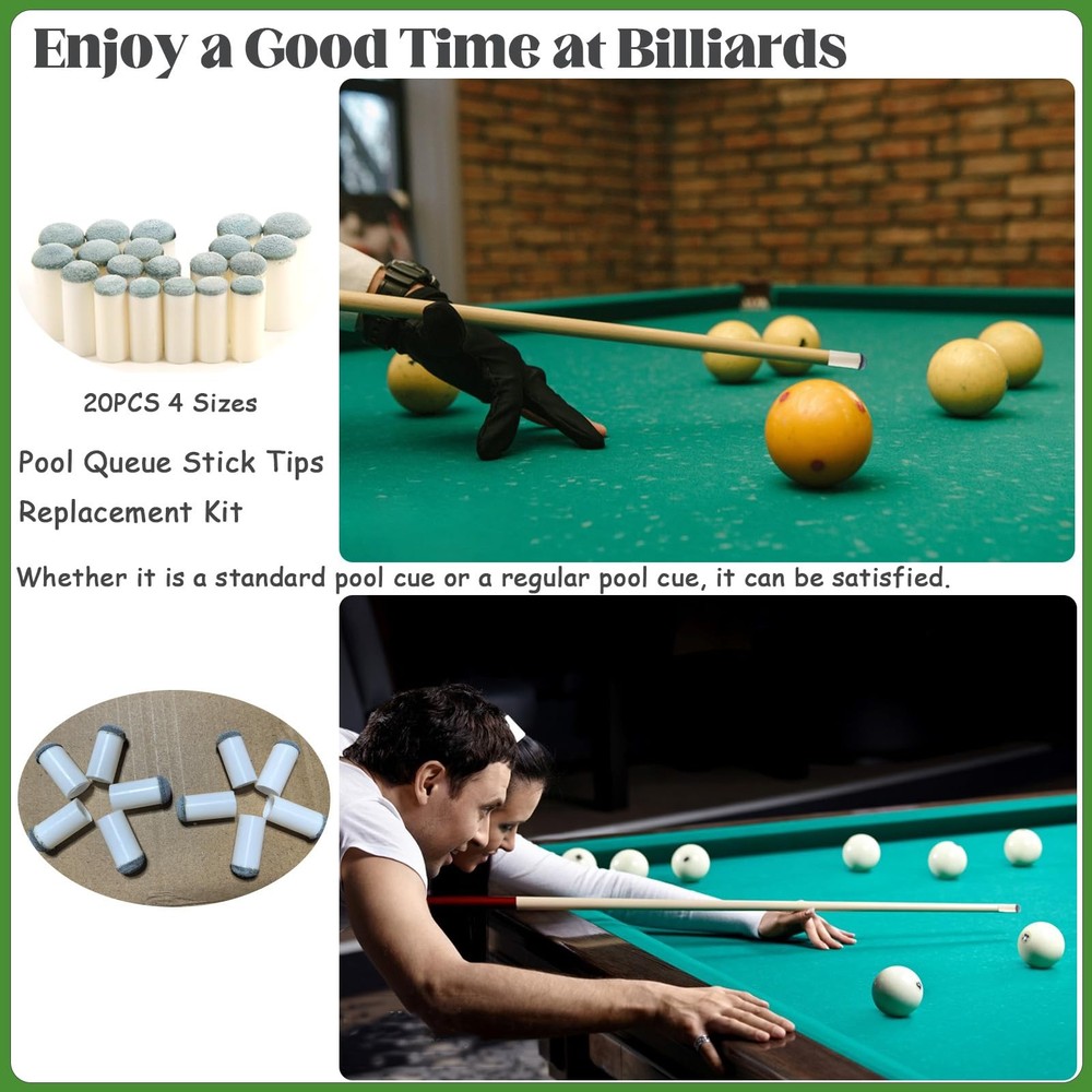 20-Piece Pool Cue Tip Replacement Kit, 4 Sizes for Billiard Accessories