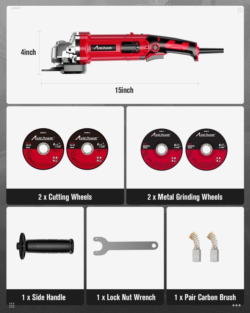 Electric 4-1/2" Angle Grinder 1000W with Adjustable Speed & Paddle Switch