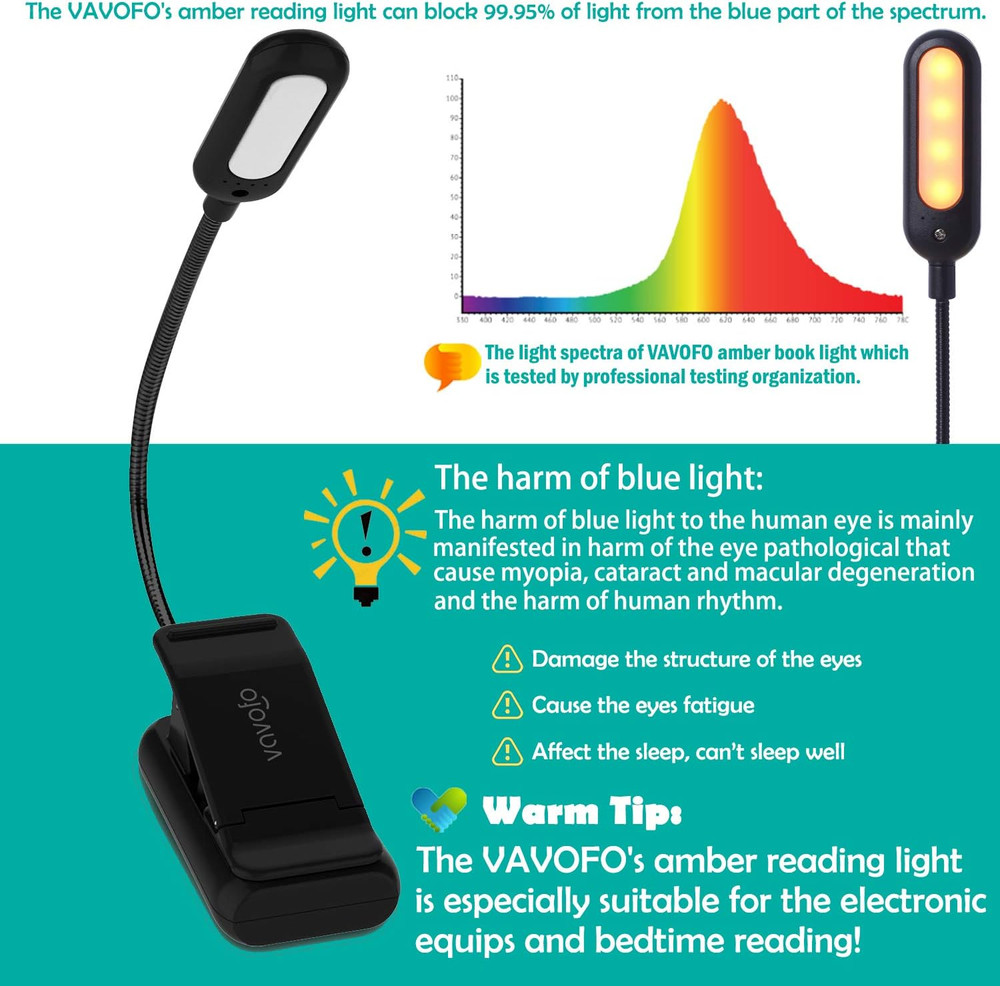 VAVOFO Amber Rechargeable Reading Light, Blue Light Blocking Book Light, 7 Leds