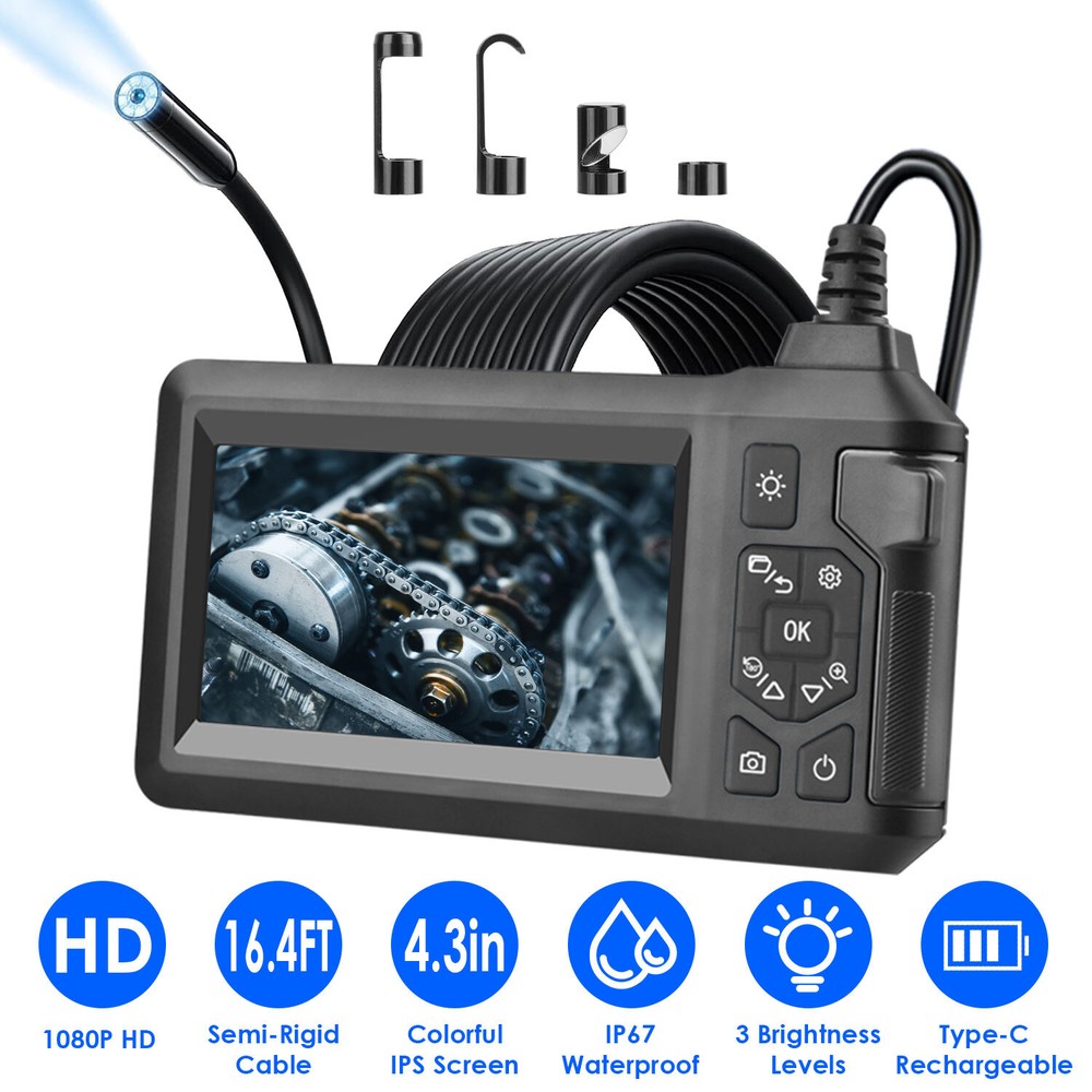 8 LED Adjustable Industrial Borescope Endoscope Camera w/16.4FT Semi-Rigid Cable