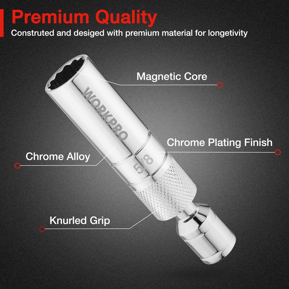 WORKPRO 5/8" Magnetic Spark Plug Socket with Design, 5/8"×4", Silver