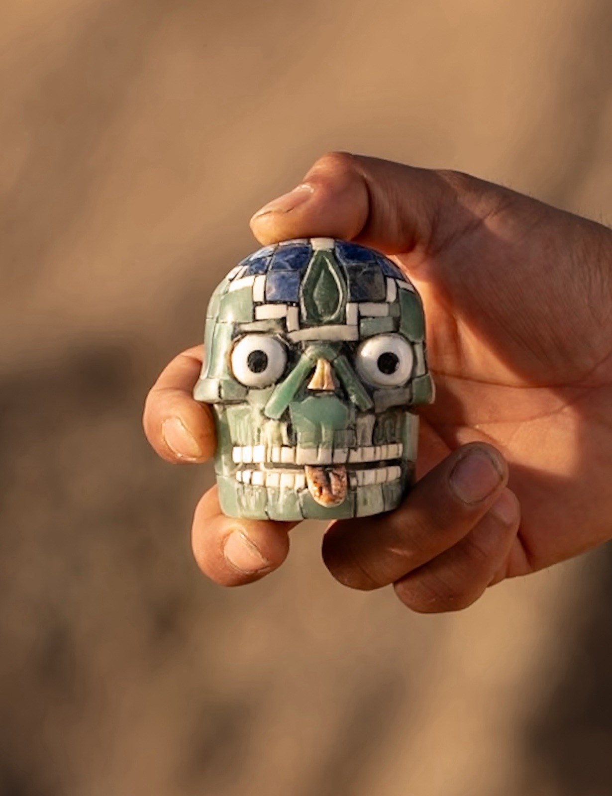 Handcrafted Skull  art pendant  mosaic inlay vibrant lápiz lazuli  aventurine