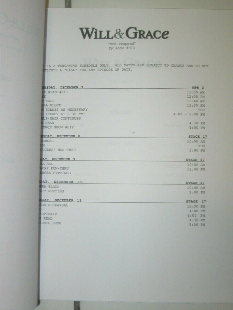 WILL & GRACE ORIGINAL SCRIPT FOR "VON TRAPPED" TABLE DRAFT SEASON 8 2005