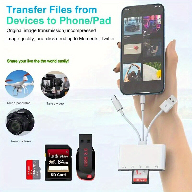 5 in 1 TypeC Fast USB3.0 OTG Adapter SD TF Card Reader For iPhone/Samsung/Camera