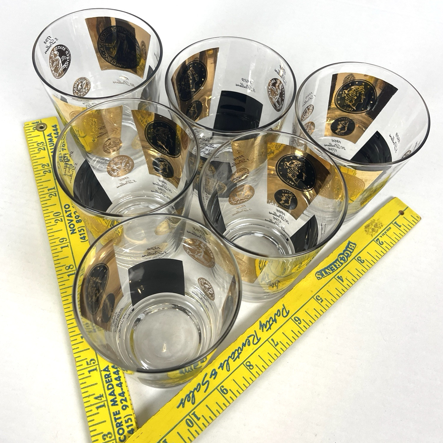 Cera Bob Wallack Gold Coin 6 Vtg Highball Glass Lot MCM Old Fashioned Cocktail
