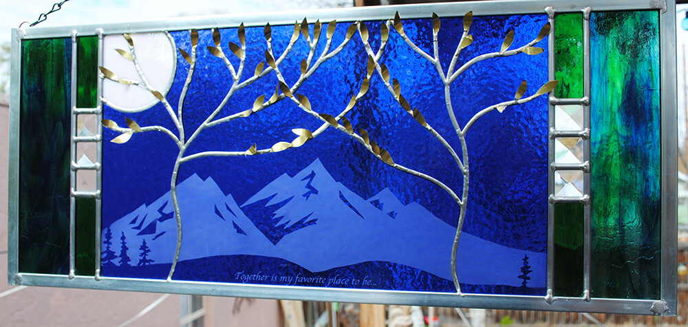 Stained Glass Window Panel two trees beveled blue mountain