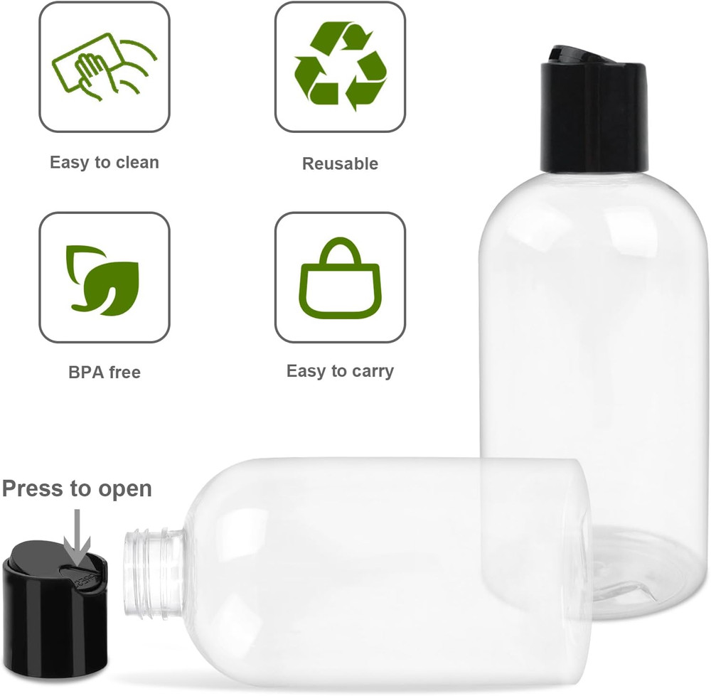 2 Pack 8 oz Empty Plastic Bottles with Black Disc Caps Reusable Clear Leak-Proof