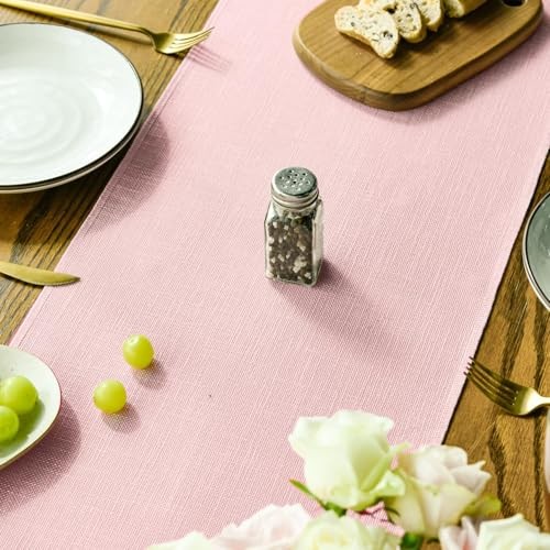 Tassel Table Runner, Linen Blend Rustic 13" x 72", Table Runner Blush Pink