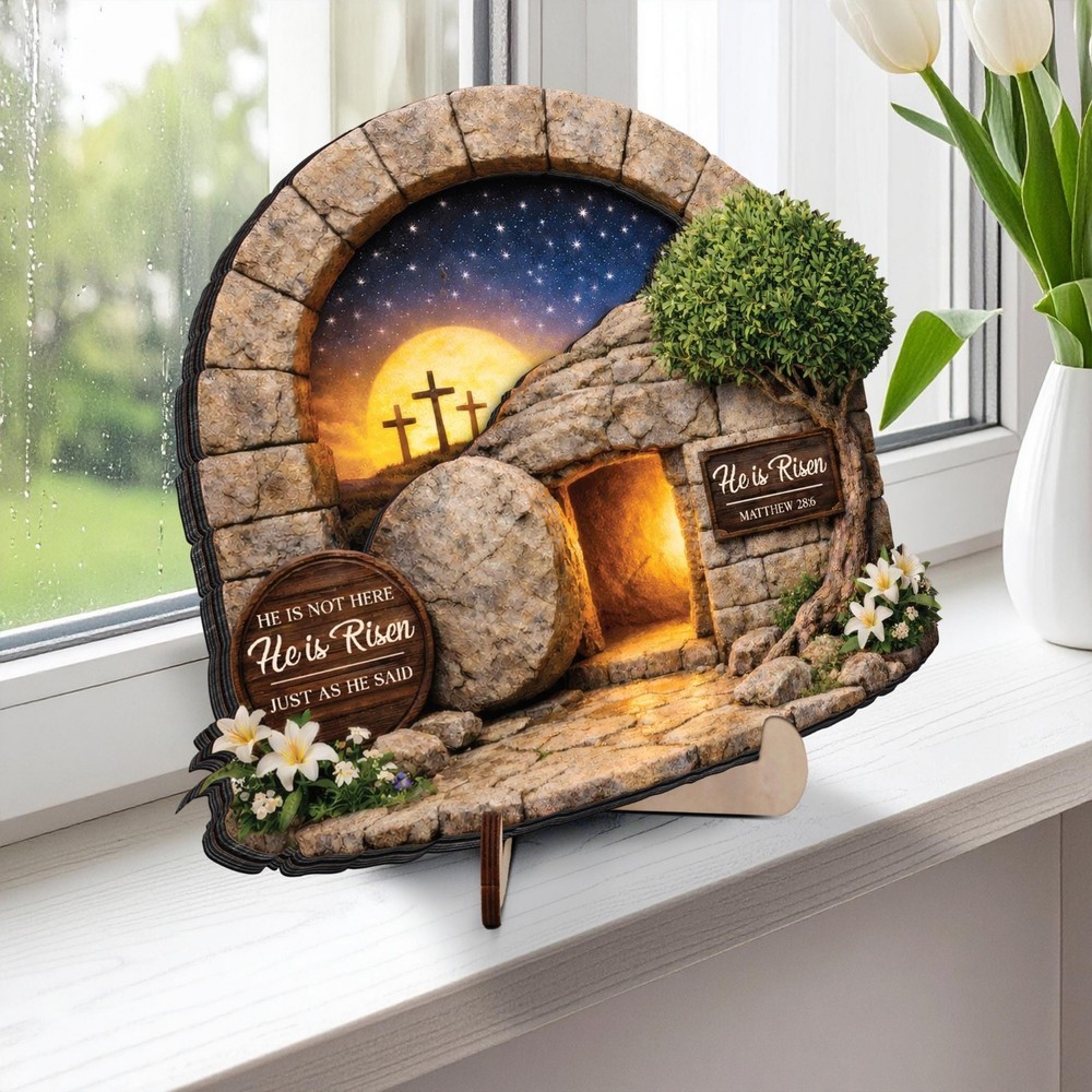 He Is Risen Easter Wooden Frame, Empty Tomb Christian Decor Gift Sign