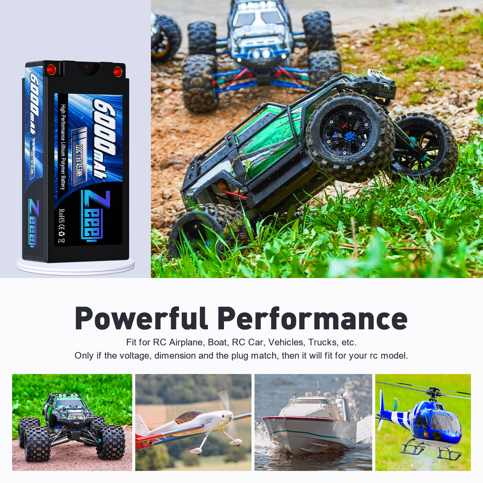 2x Zeee 2S Shorty Lipo Battery 6000mAh 7.6V 120C 5mm Bullet to EC3 High Voltage