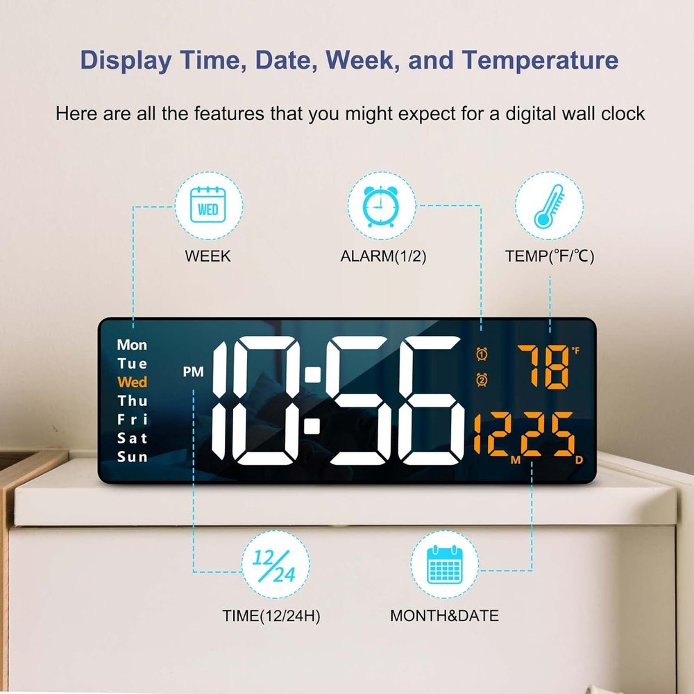 Large Display Digital Wall Clock, 16.2” with Remote Control, (Orange)