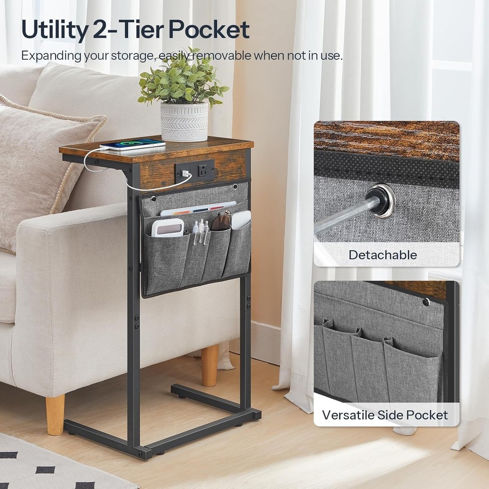 C Shaped End Table W/ Charging Station 28" H Couch Side Table Slide Under Sofa