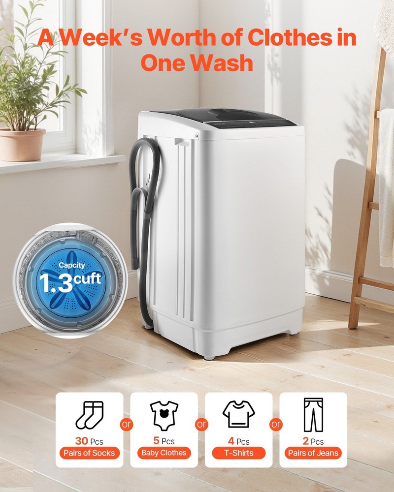 Portable Washer 1.3cu.ft, 8 Program Settings, 6 Water Levels, LED Interface