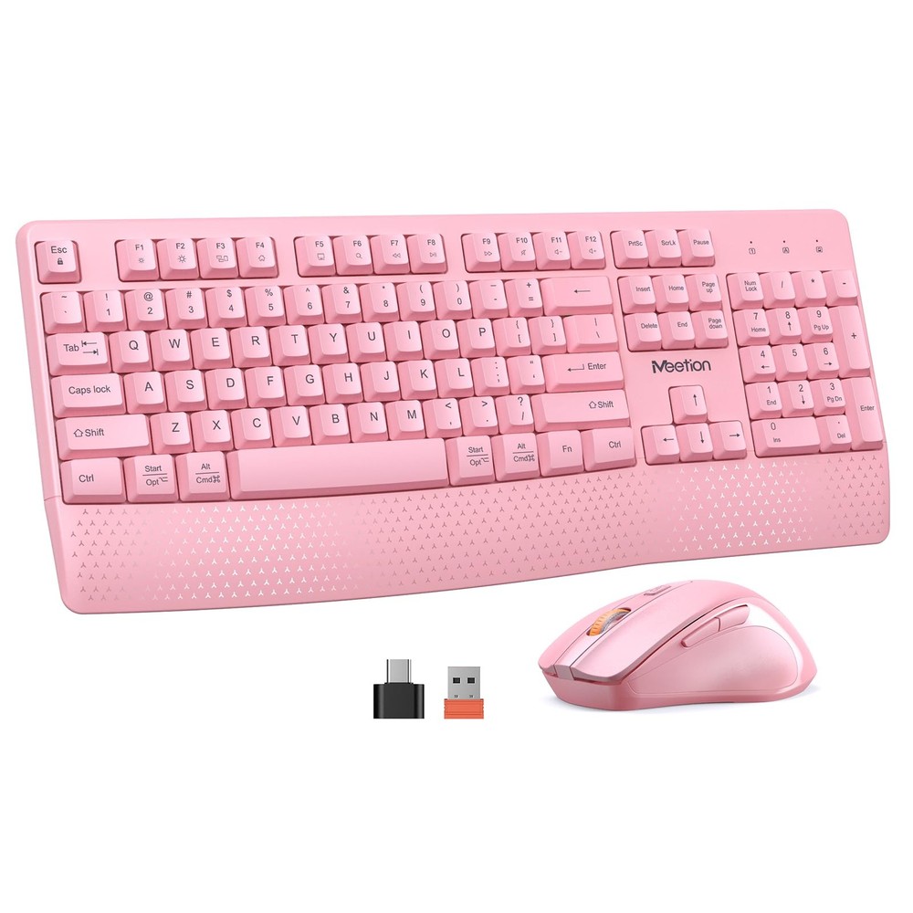 Wireless Keyboard with Wrist Rest Mouse Combo 2.4G Full-Sized Pink