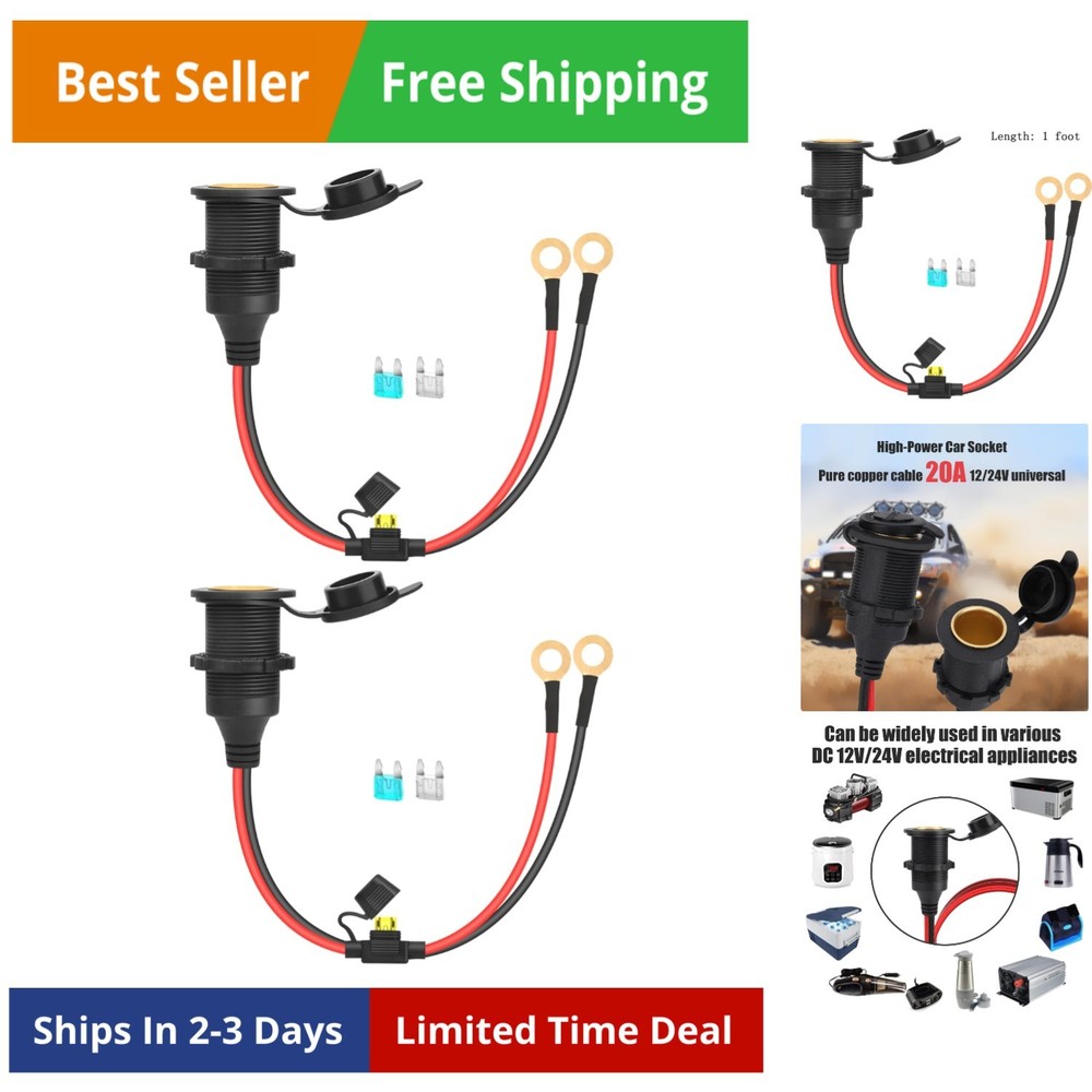 2pcs 1FT 12V/24V Fixed Thread Cigarette Lighter Socket Extension Cable Automo...