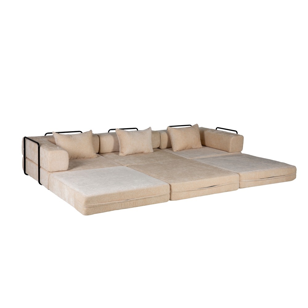 Convertible Floor Sofa Bed w/Fixed Frame, Chenille, Beige, No Assembly