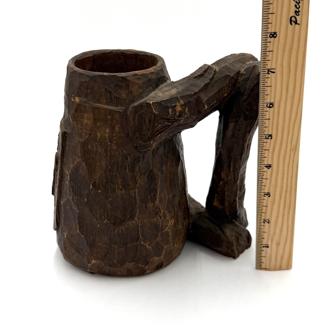 Hand Carved Wood Tankard Mug Lion Crest Rustic Medieval Decor