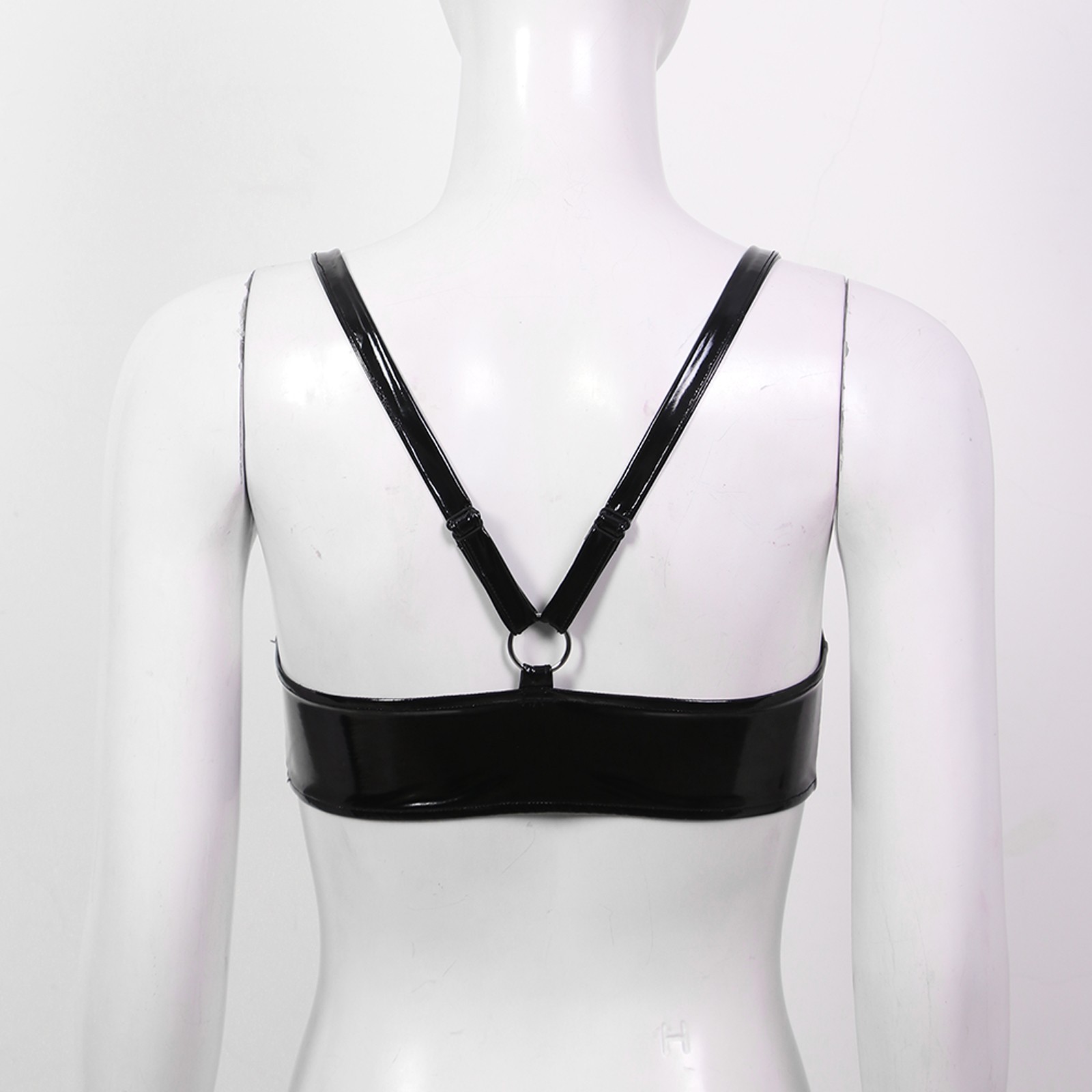 US Womens Sexy Open Nipple Patent Leather Bra Top with O Ring Bralette Lingerie