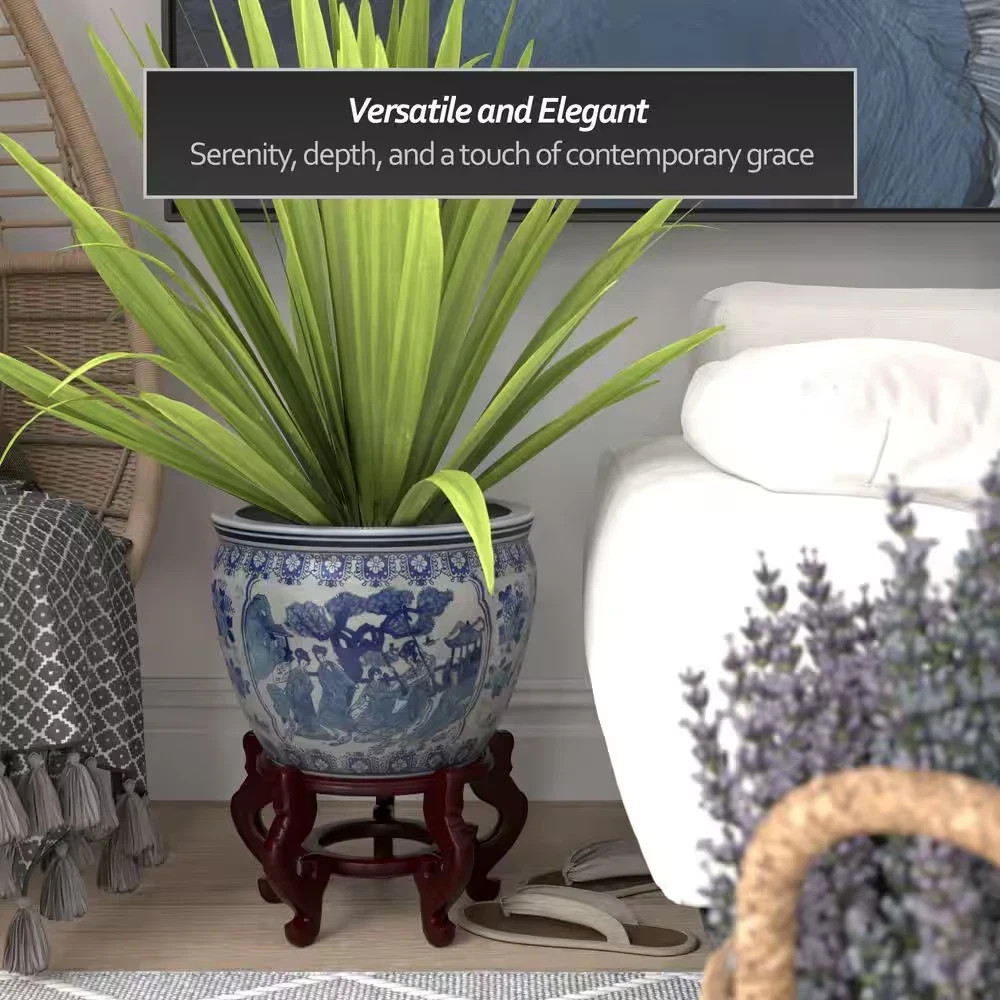 Red Lantern 14 in. Ladies Blue and White Porcelain Fishbowl