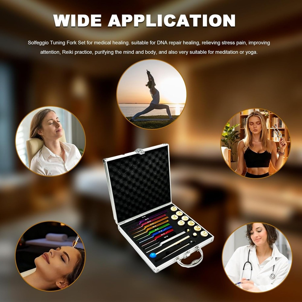 10-piece complete Solfeggio tuning fork set, including storage box