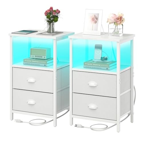 Nightstand with Charging Station, LED Night Stand Set Bedside Table End 2 White