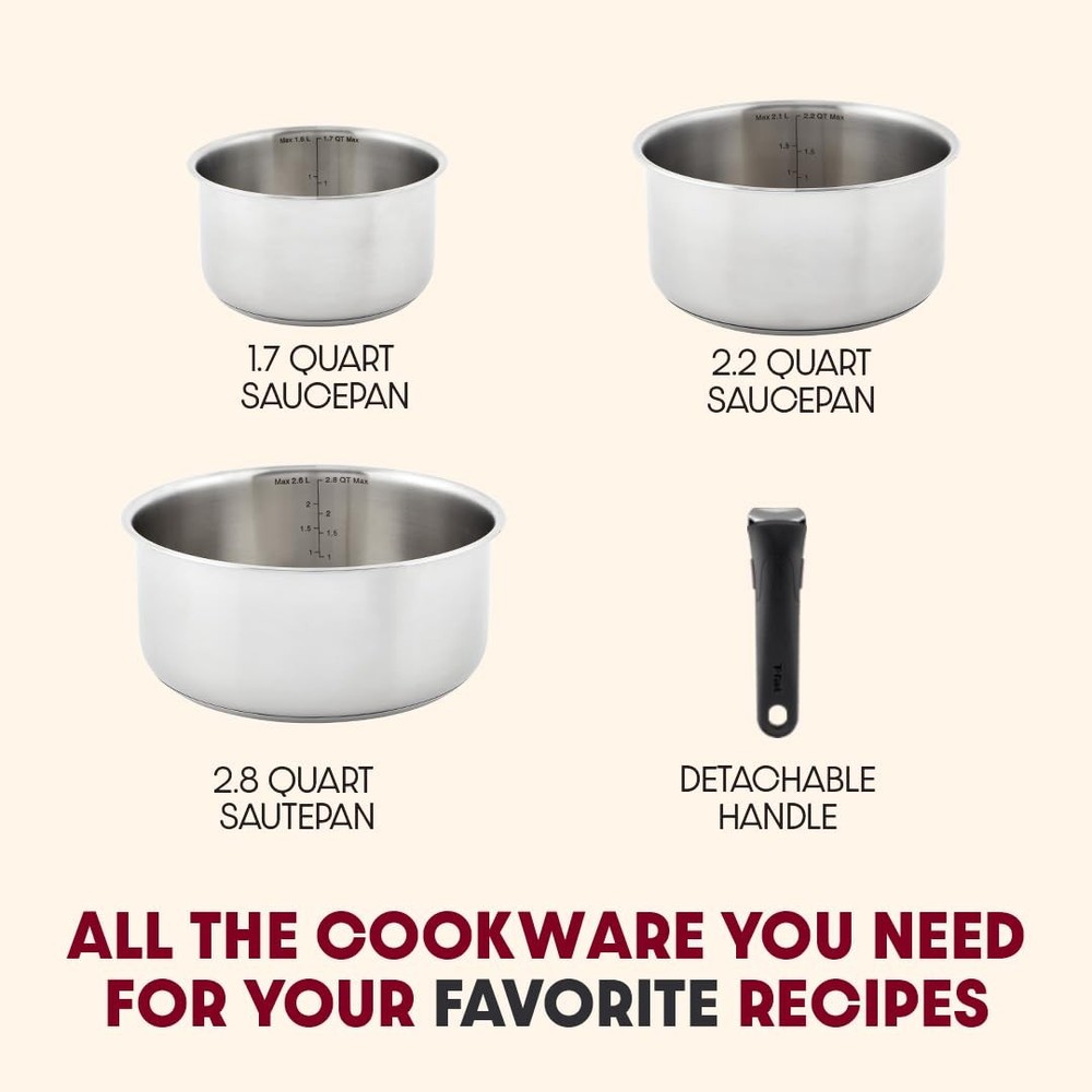 4 Piece Silver Stackable Cookware Set with Removable Handle Induction Safe