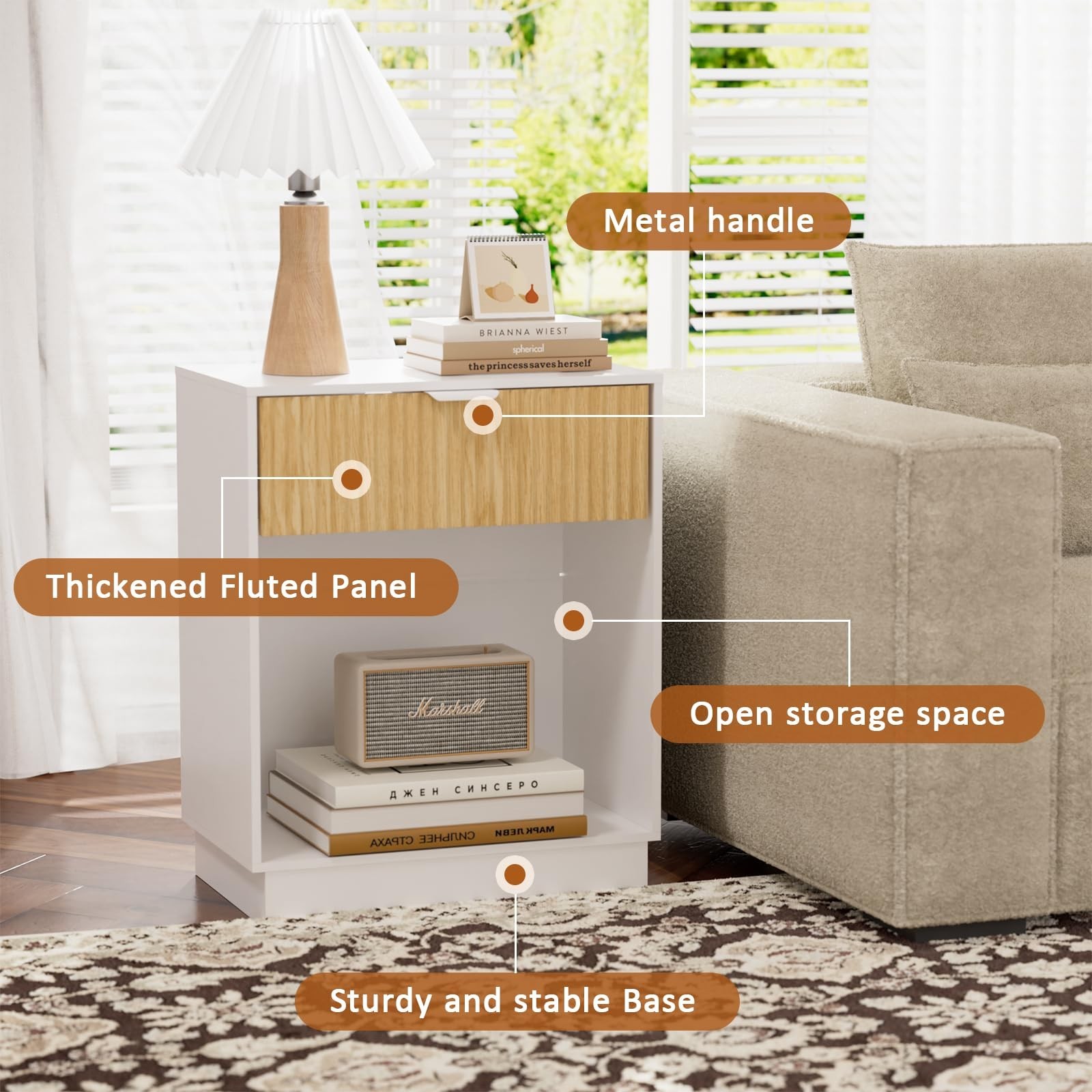 Fluted Nightstands Set of 2, Wood Bedside Table with Drawer and Open Shelf, M...