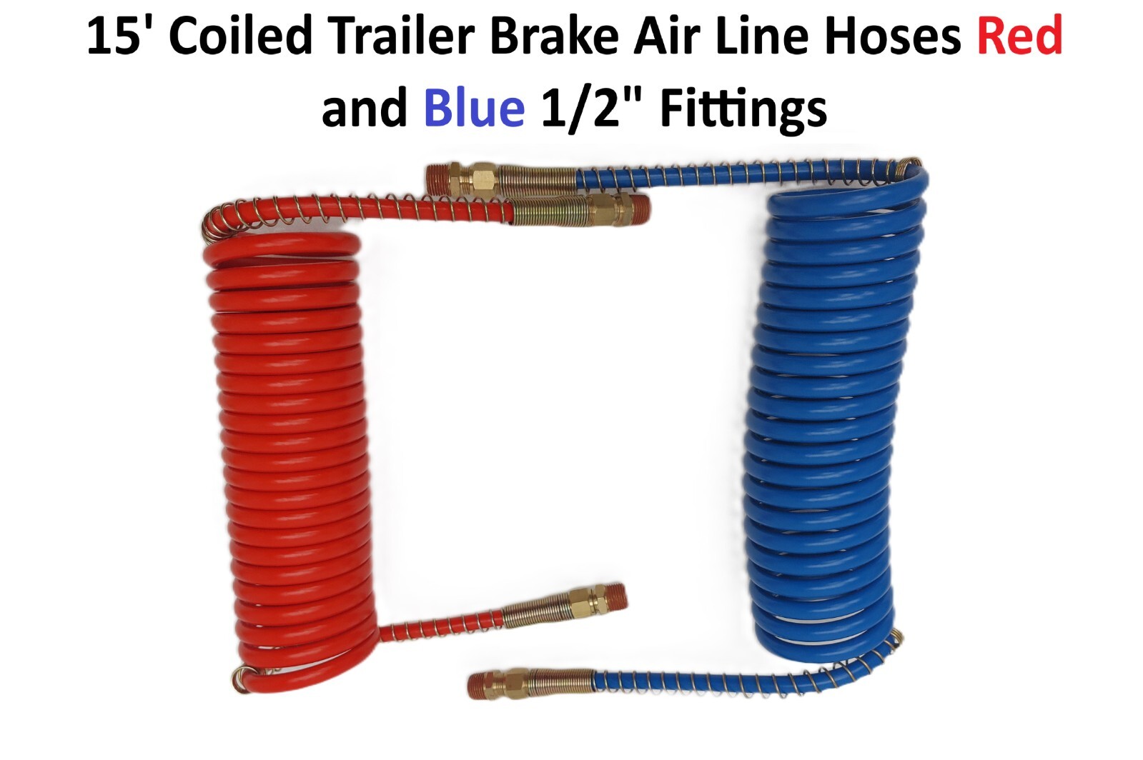 15' Coiled Trailer Brake Air Line Hoses Red and Blue 1/2" Fittings