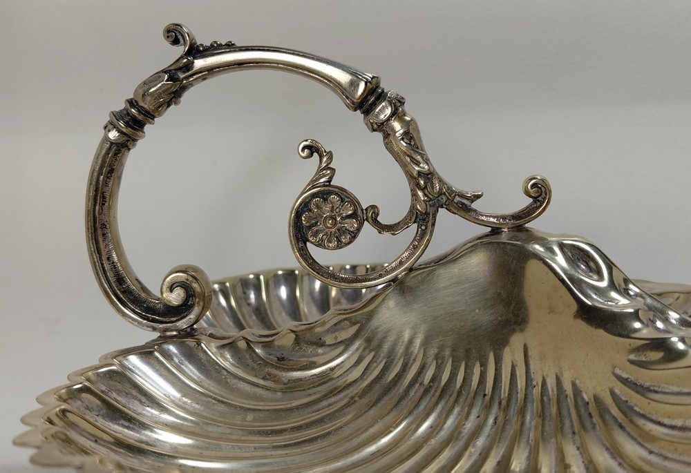 Antique Silverplate 3 Compartment Scallop Shell Seashell Handled Serving Dish