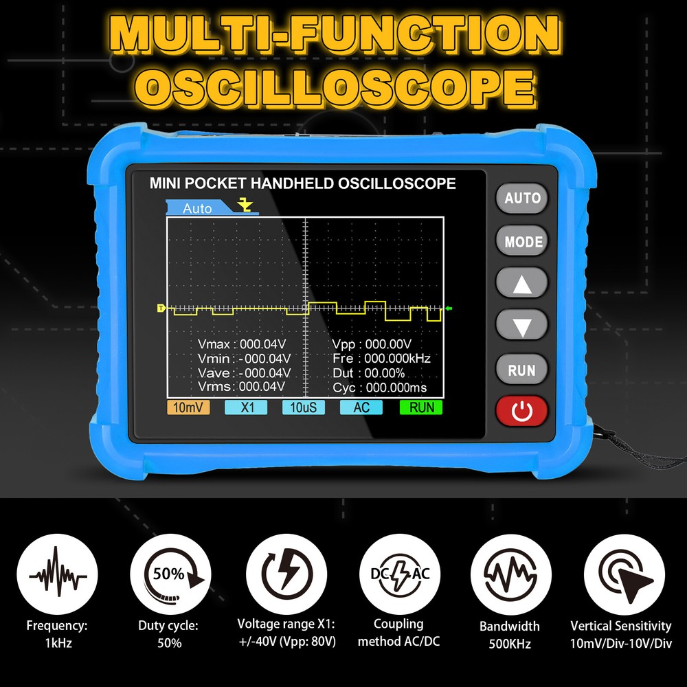 Mini Oscilloscope Handheld - 500kHz Bandwidth, AUTO Set, Perfect for Electronics