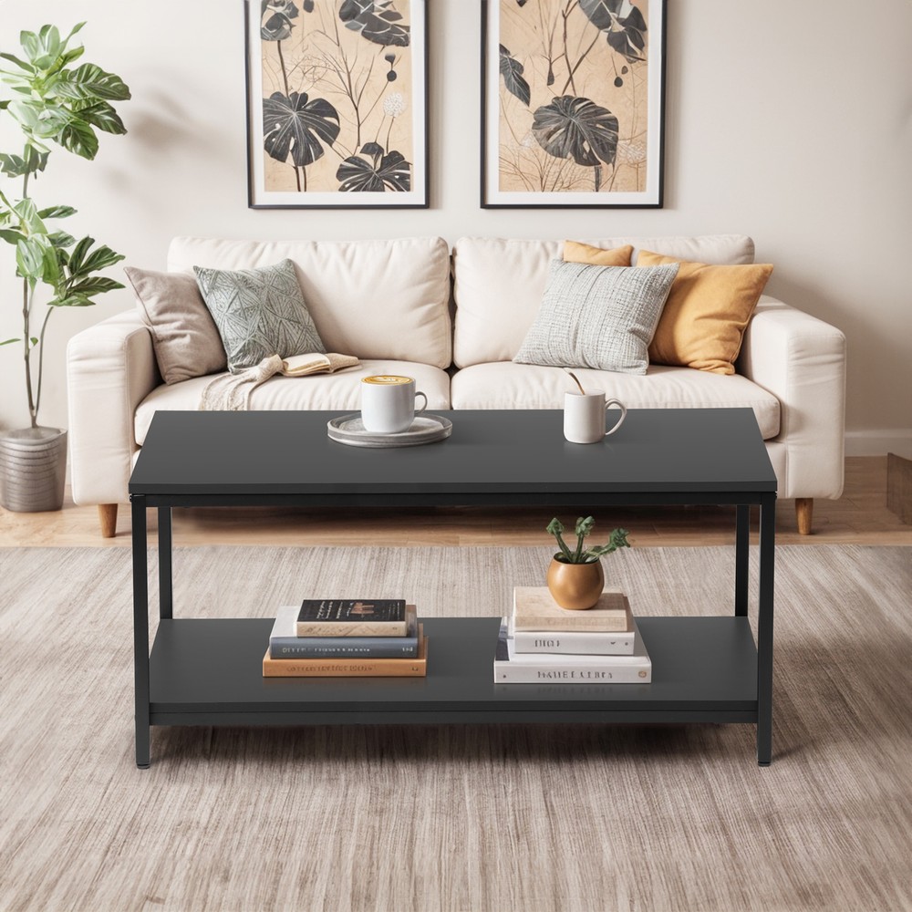 39" Rectangular Coffee Table Industrial Wood Center Table w/ Storage Shelf Black