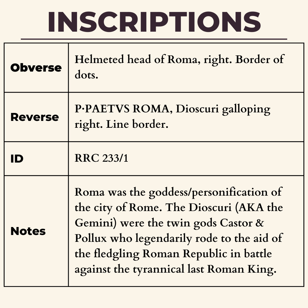 Roma Head Denarius 138BC Ancient Roman Republic Silver Coin Ch VF Paetus Gemini