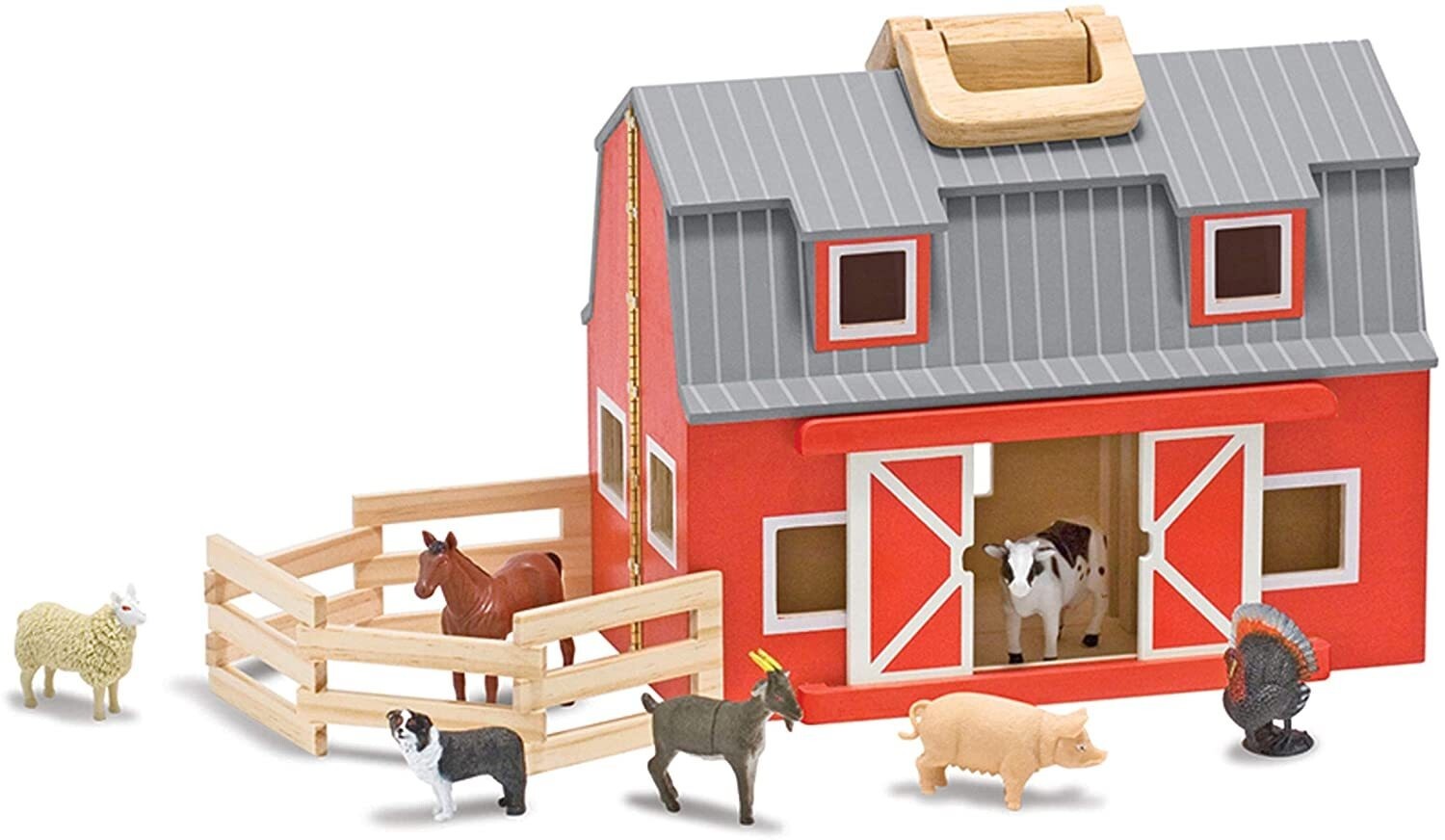 Melissa & Doug Portable & Foldable Red Barn Toy With Farm Animals Coral & Ladder