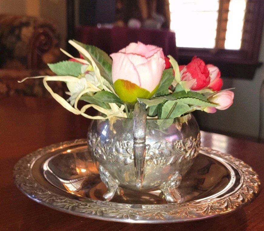 Silver Roses Footed Cream Pitcher with Handle