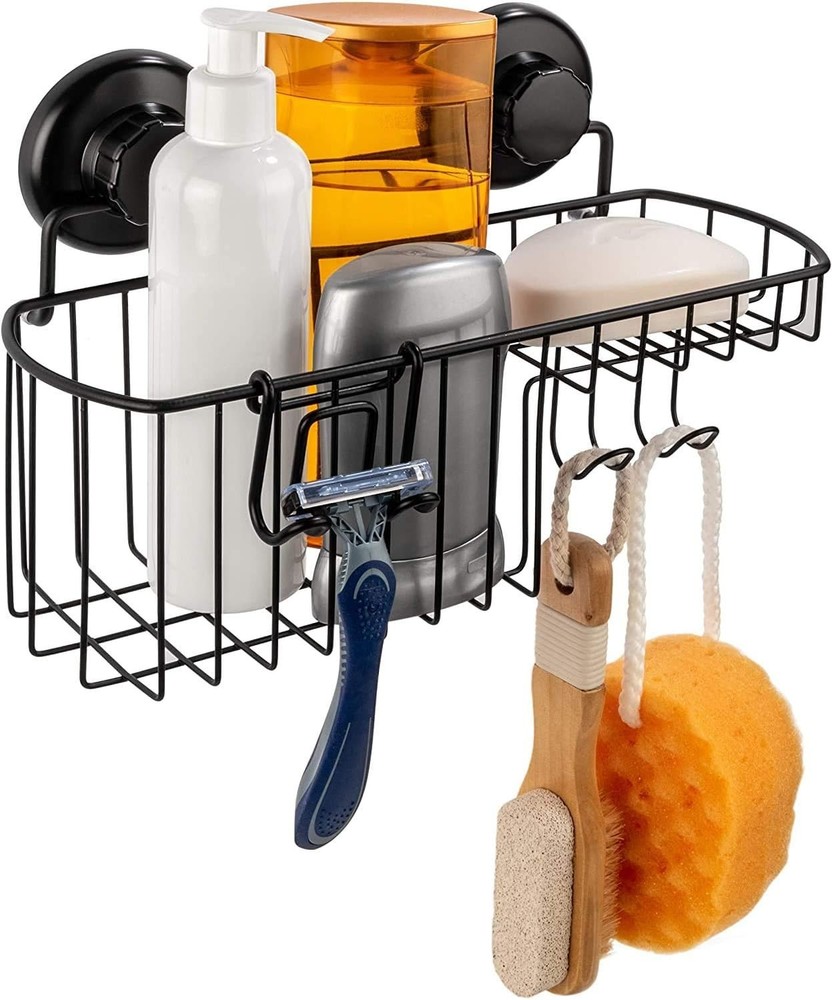Space-Saving Black Shower Caddy with Suction Mount - Strong & Rustproof Design