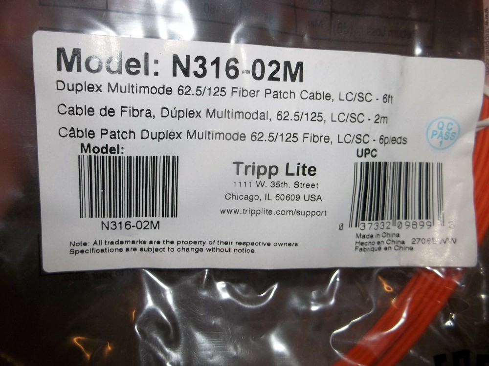TRIPP-LITE N316-02M DUPLEX MULTIMODE FIBER PATCH CABLE 6FT (199-1)