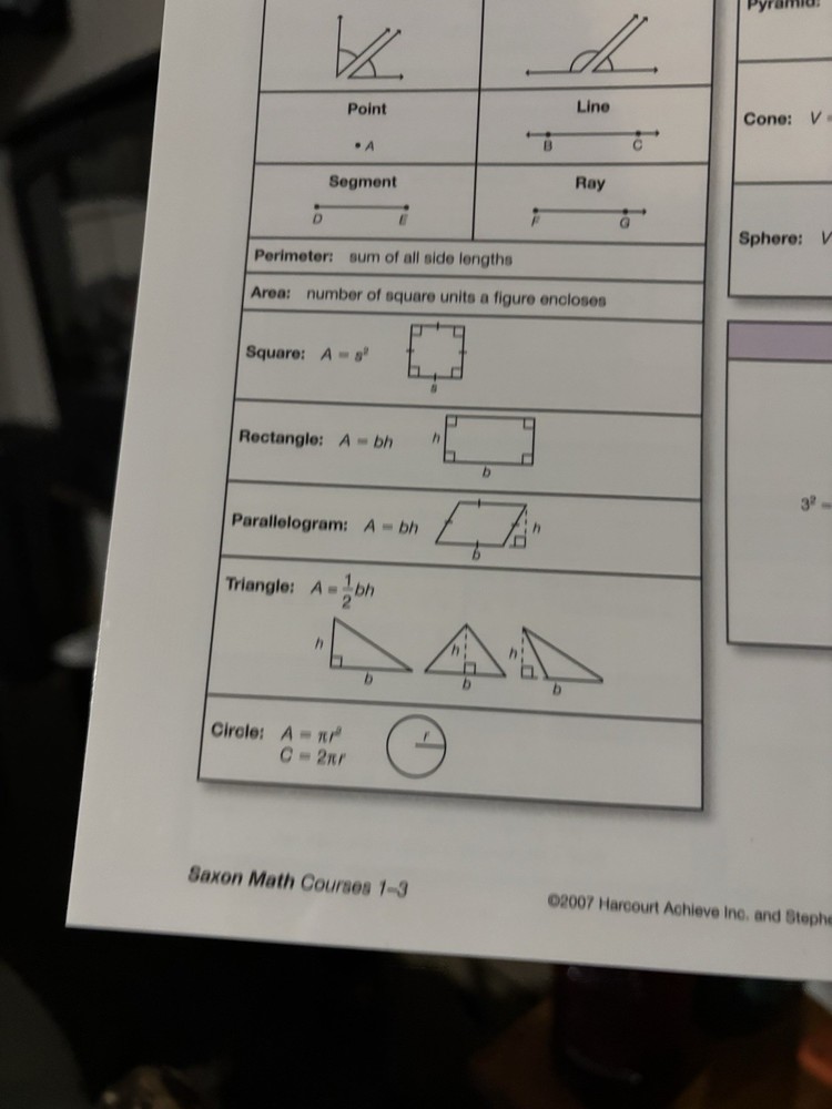 Saxon Math Binder Inserts Student Reference Charts Courses 1-3