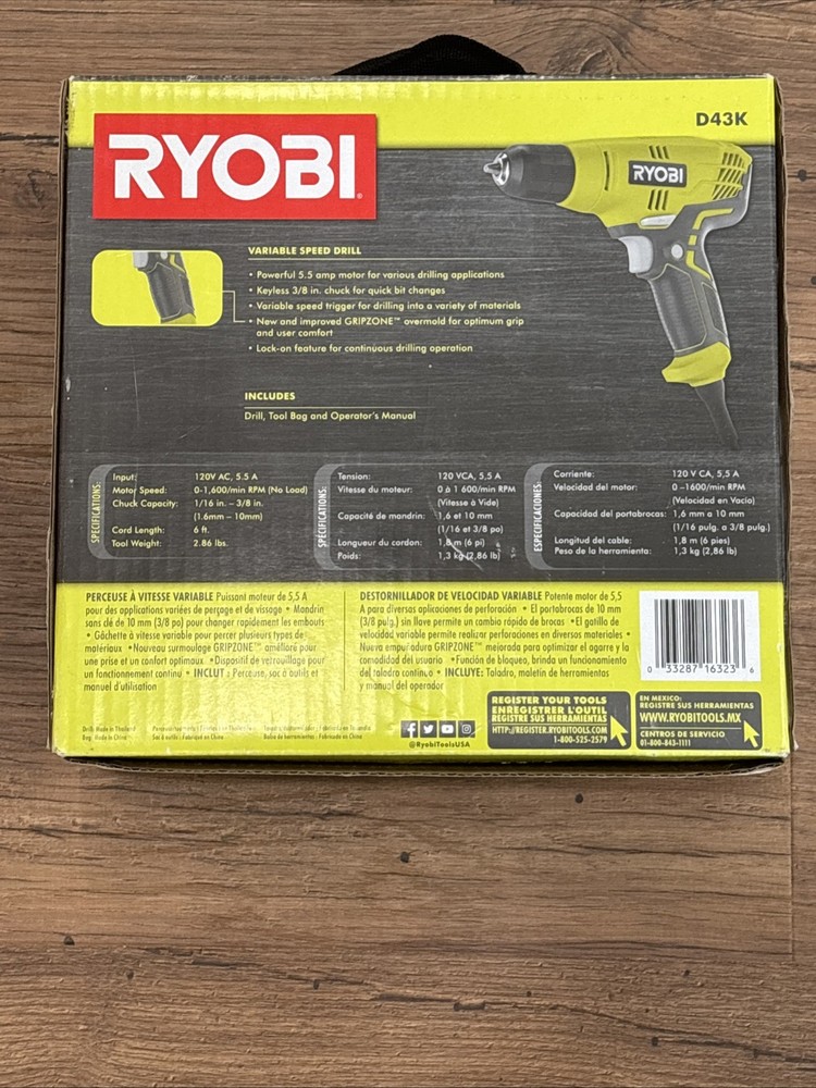 Ryobi Corded 3/8 Inch Compact Drill/Driver with Bag D43, 5.5 Amp Variable Speed