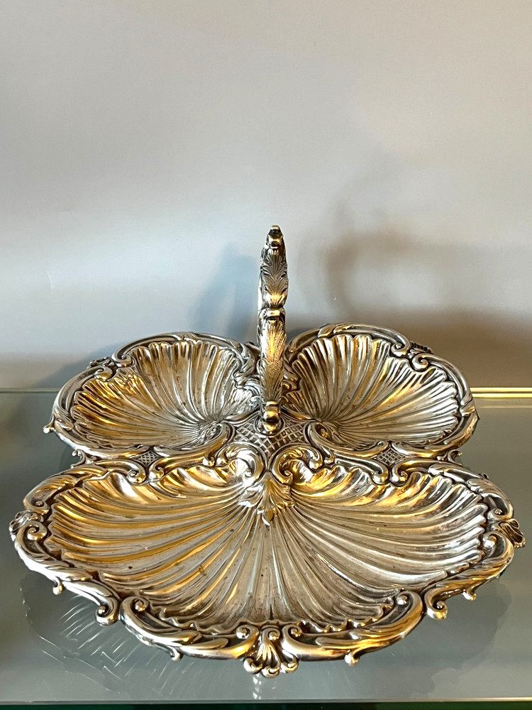 Antique Silver Plate Triple Shell Footed Serving Tray
